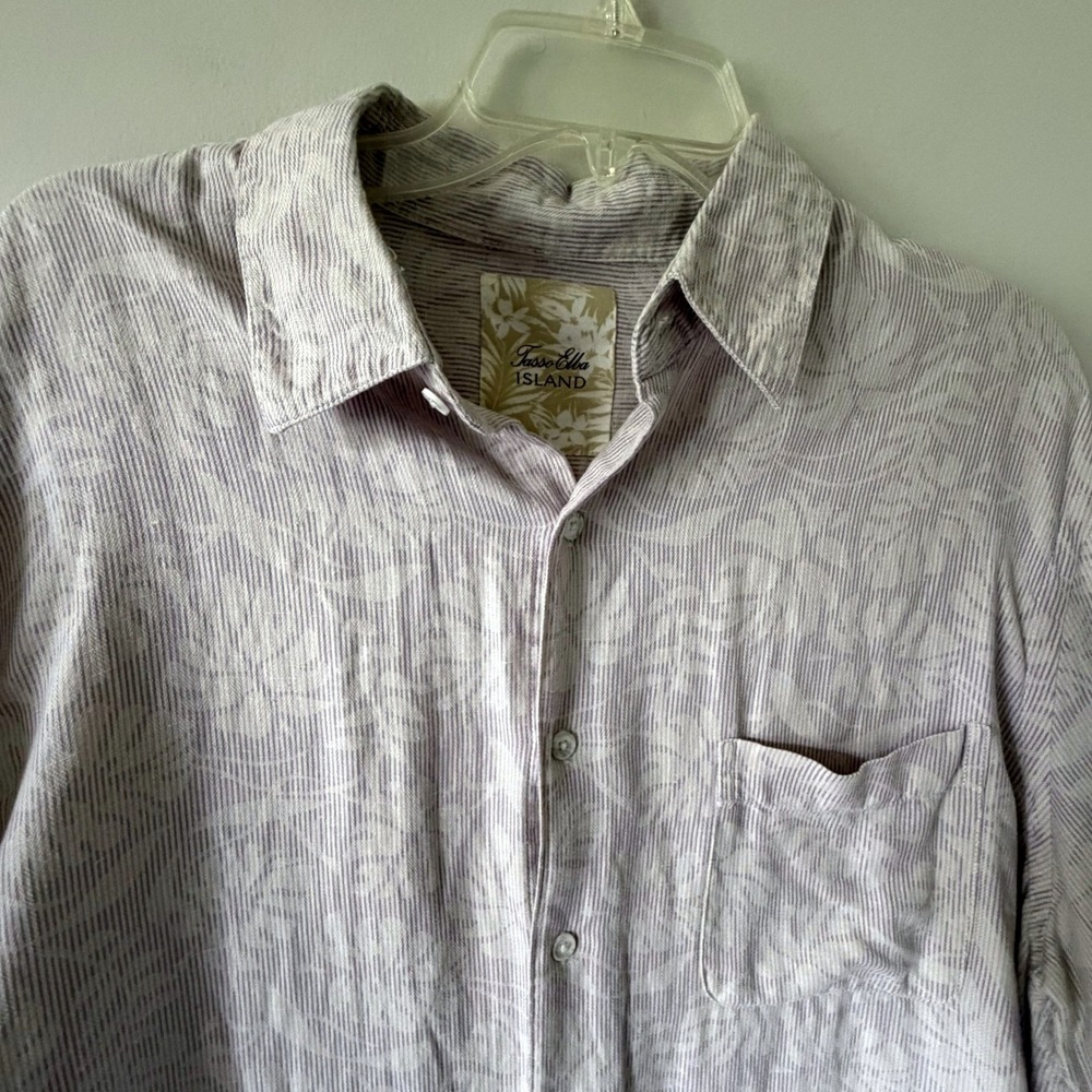 Tasso Elba Island Mens XL Silk Linen Lavender Pinstripe Floral Camp Shirt Travel